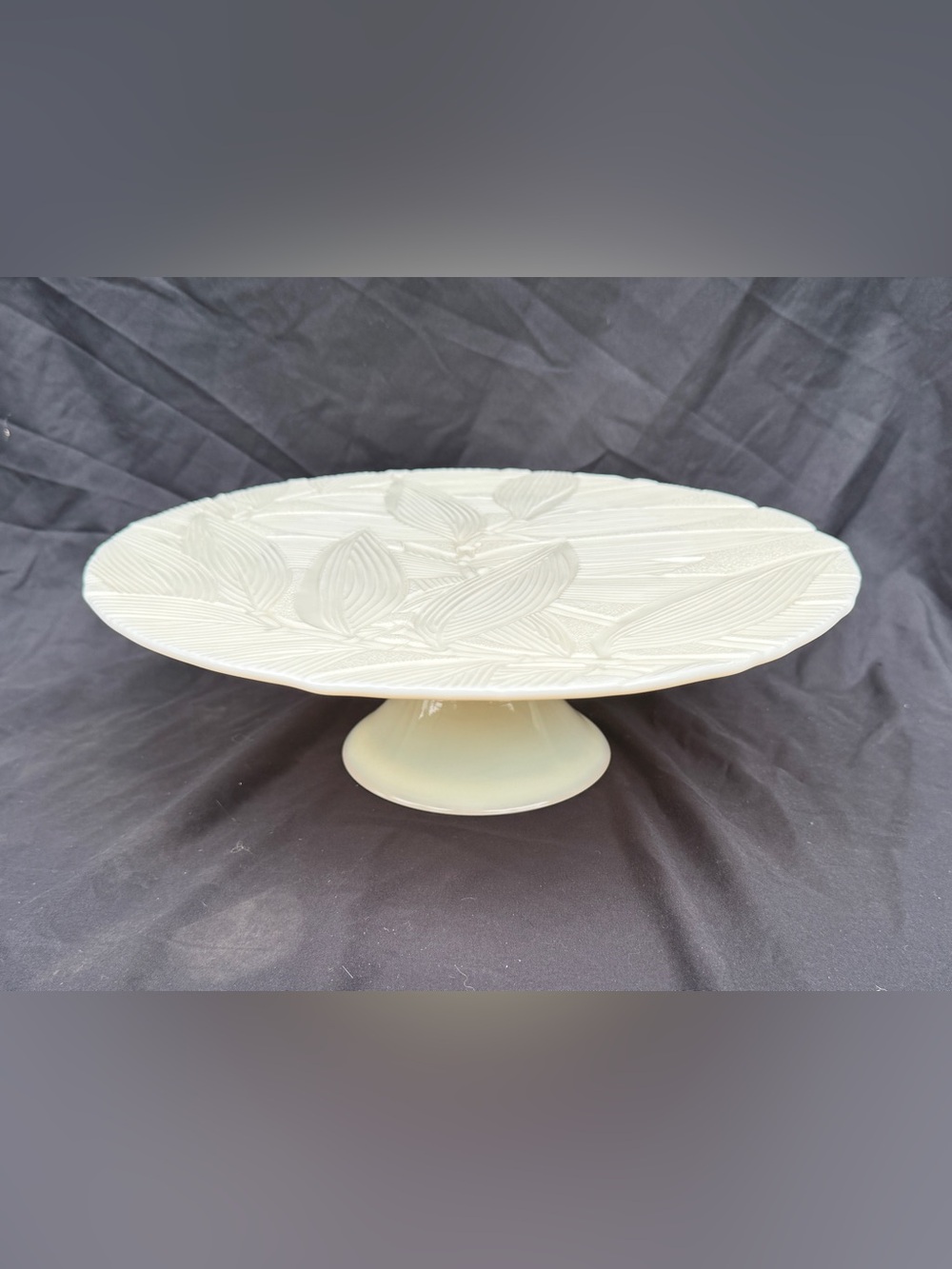 Vintage Italian White Opal Glass Cake Stand - Embossed Tropical Bamboo Leaves